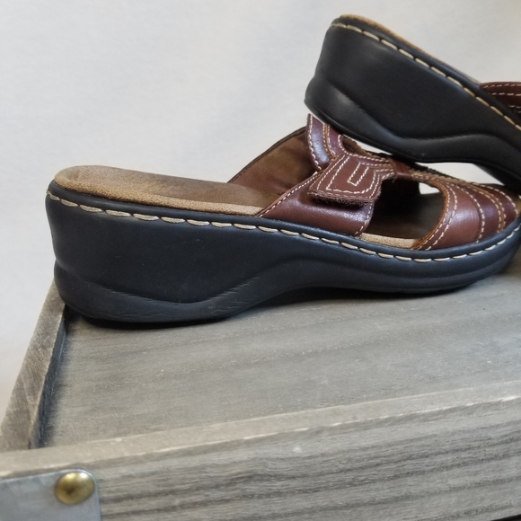 Clarks Bendables Brown Leather 8.5 Open Toe Comfort Slide Wedge Sandals - Picture 6 of 12
